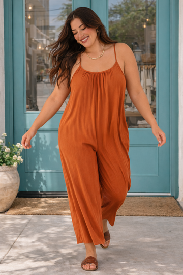 Effortless Rust Wide-Leg Jumpsuit styled for a boho boutique look