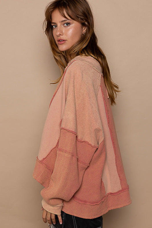 The "Blush Hour" Notched Neck Waffle Knit Top