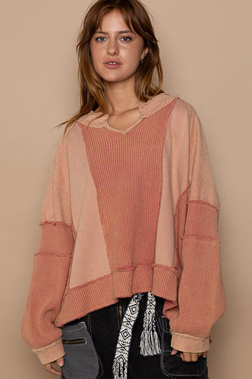 The "Blush Hour" Notched Neck Waffle Knit Top