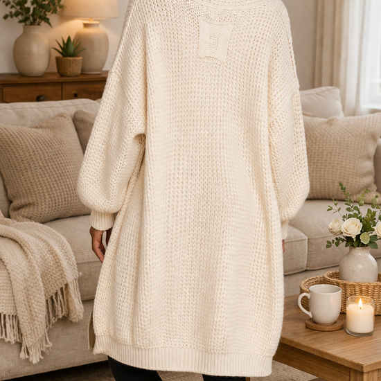 Back view of cream oversized chunky knit cardigan styled with black leggings in a cozy neutral-toned living room setting