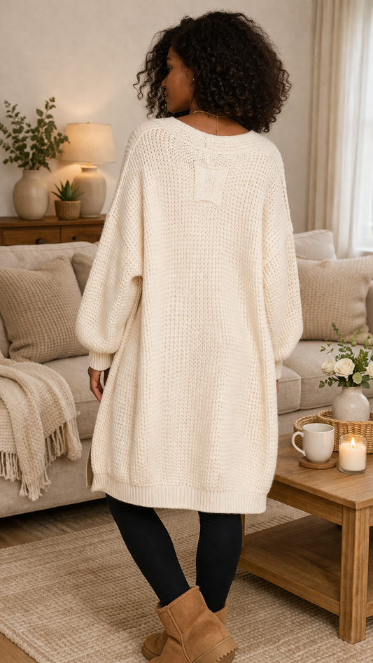 Back view of cream oversized chunky knit cardigan styled with black leggings in a cozy neutral-toned living room setting