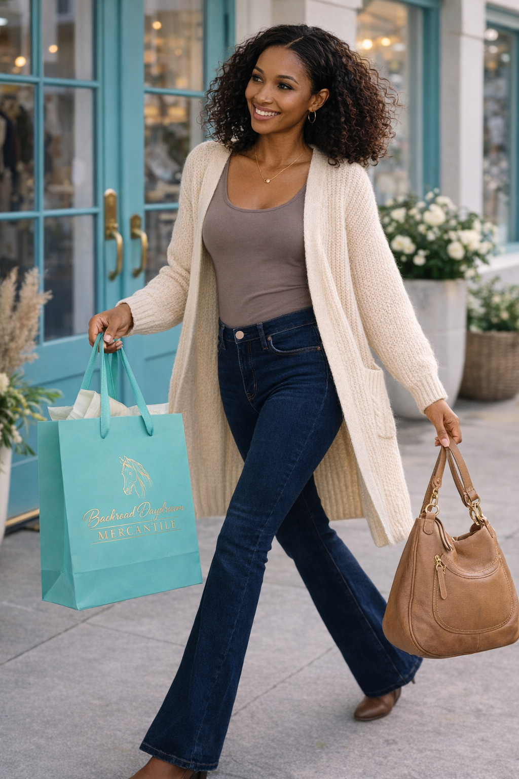 woman wearing an oversized cream knit cardigan with dark bootcut jeans carrying a turquoise shopping bag and brown purse walking outside a boutique with turquoise doors, cozy fall cardigan outfit for women, casual chic boutique style, comfortable layering piece