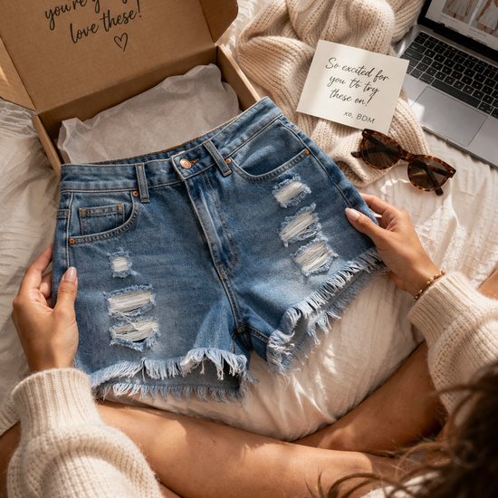 Woman holding distressed denim cutoff shorts during a cozy at-home unboxing moment with boutique packaging and soft neutral decor