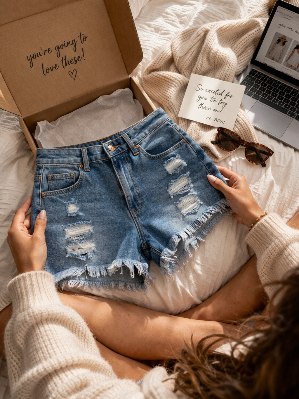 Woman holding distressed denim cutoff shorts during a cozy at-home unboxing moment with boutique packaging and soft neutral decor