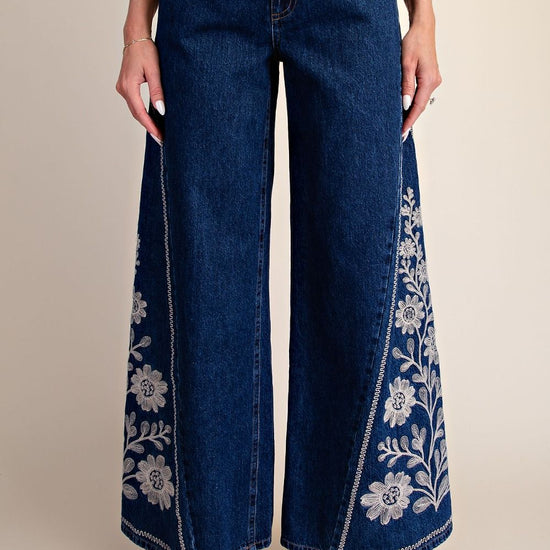 Embroidery Washed Denim Bellbottom Pants - Backroad Daydream Mercantile