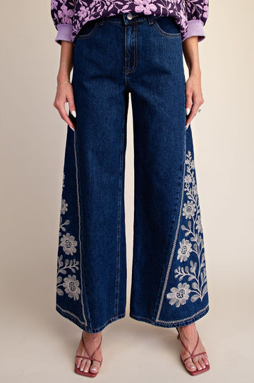 Embroidery Washed Denim Bellbottom Pants - Backroad Daydream Mercantile