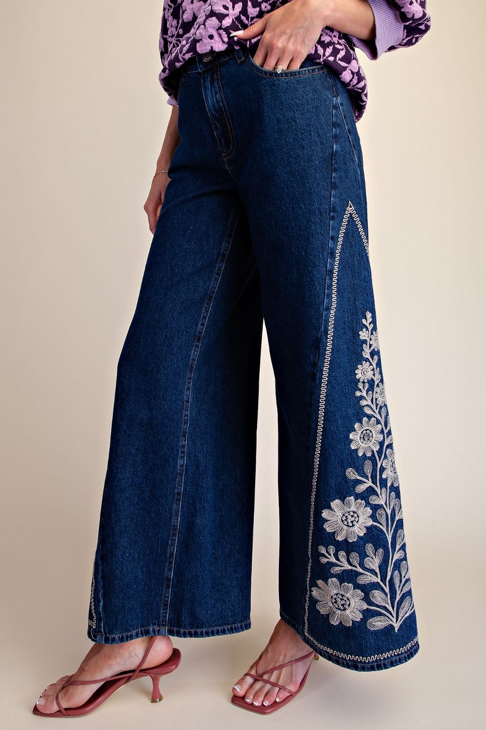 Embroidery Washed Denim Bellbottom Pants - Backroad Daydream Mercantile