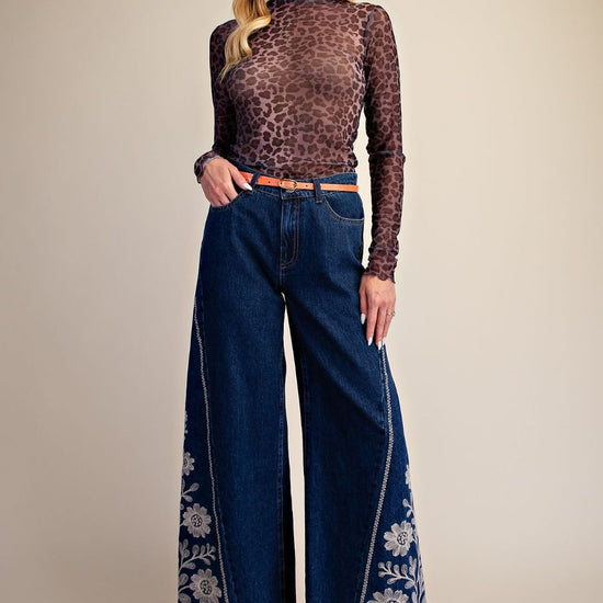 Embroidery Washed Denim Bellbottom Pants - Backroad Daydream Mercantile