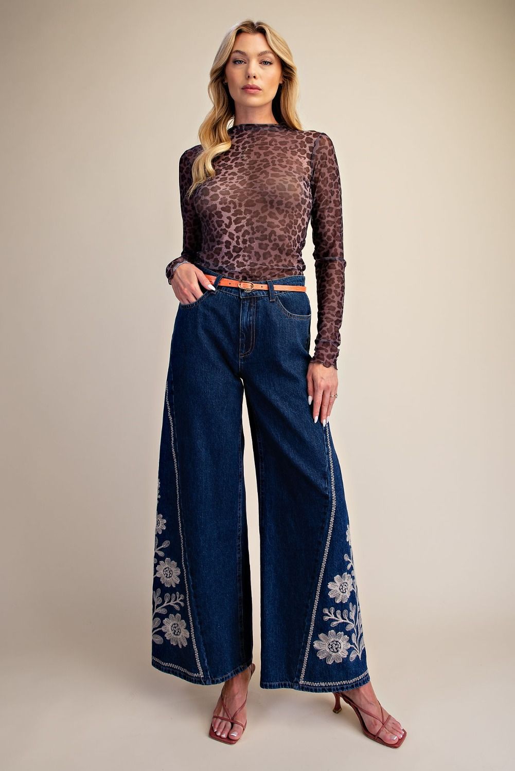 Embroidery Washed Denim Bellbottom Pants - Backroad Daydream Mercantile