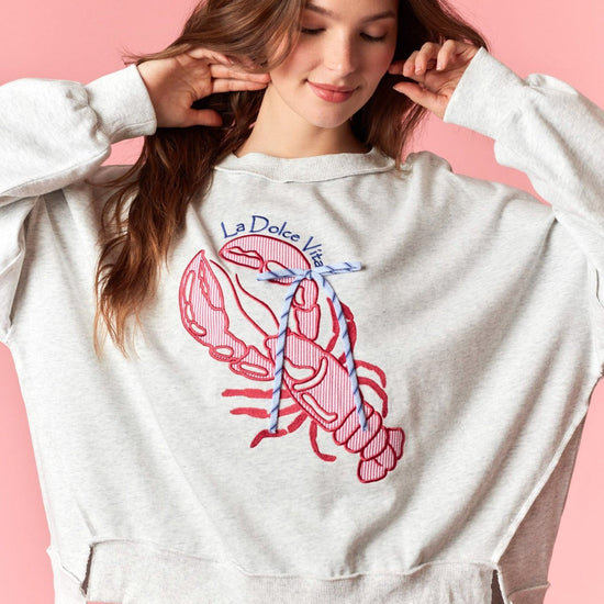 La Dolce Vita Embroidered Lobster Sweatshirt – Oversized Graphic Pullover - Backroad Daydream Mercantile