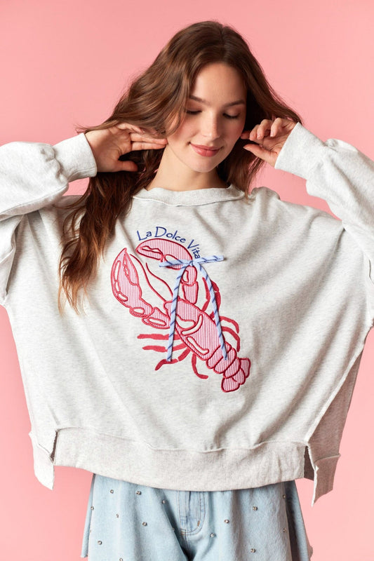 La Dolce Vita Embroidered Lobster Sweatshirt – Oversized Graphic Pullover - Backroad Daydream Mercantile