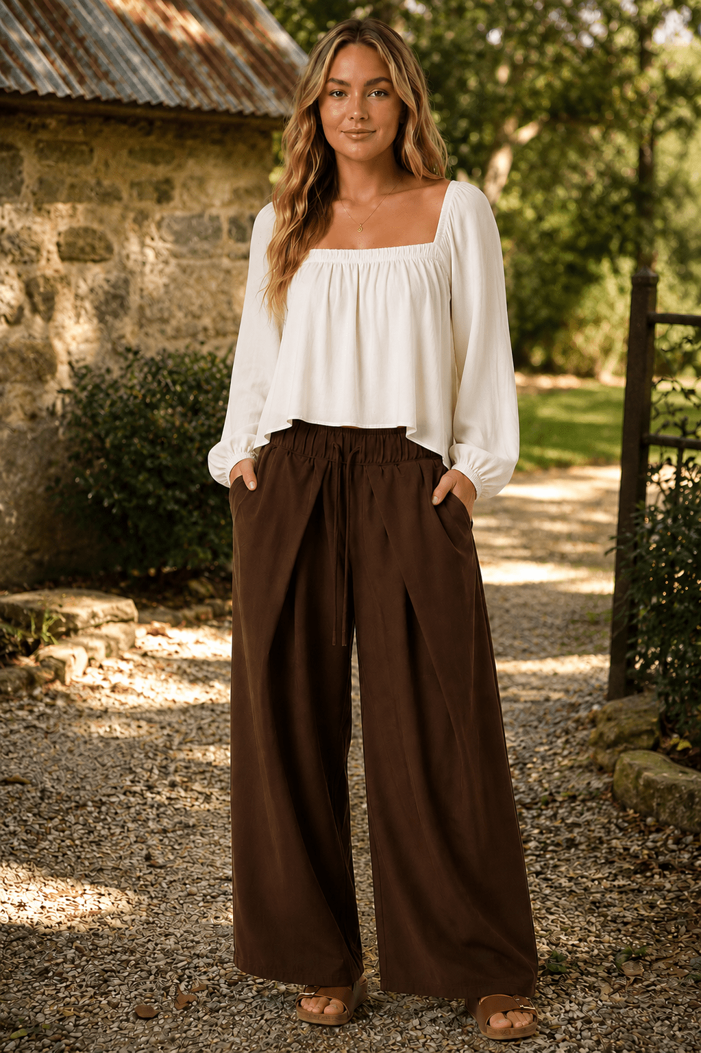 Pleated Front Elastic Waist Wide Leg Pants - Backroad Daydream Mercantile