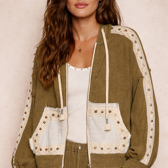 woman wearing an olive boho jacket with crochet detail and relaxed fit on a neutral background, lightweight boutique jacket styled with casual outfit for everyday wear