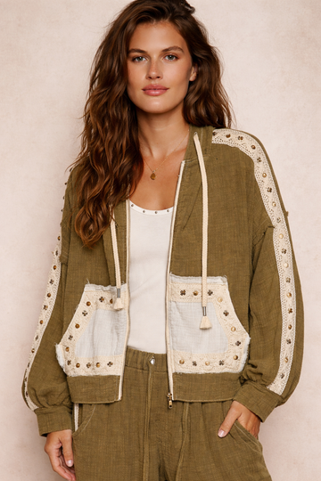 woman wearing an olive boho jacket with crochet detail and relaxed fit on a neutral background, lightweight boutique jacket styled with casual outfit for everyday wear