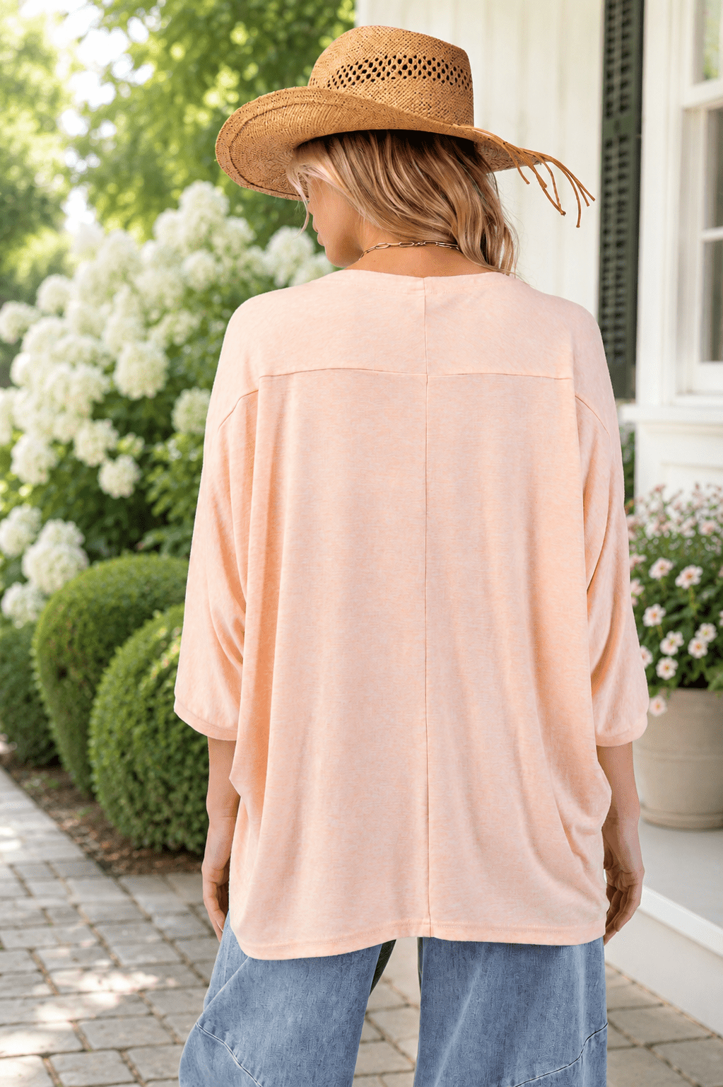 Back view of the Peach Oversized Dolman Sleeve Top
