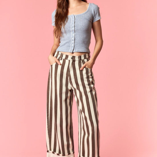 Stripe Rolled Up Barrel Printed Jeans - Backroad Daydream Mercantile