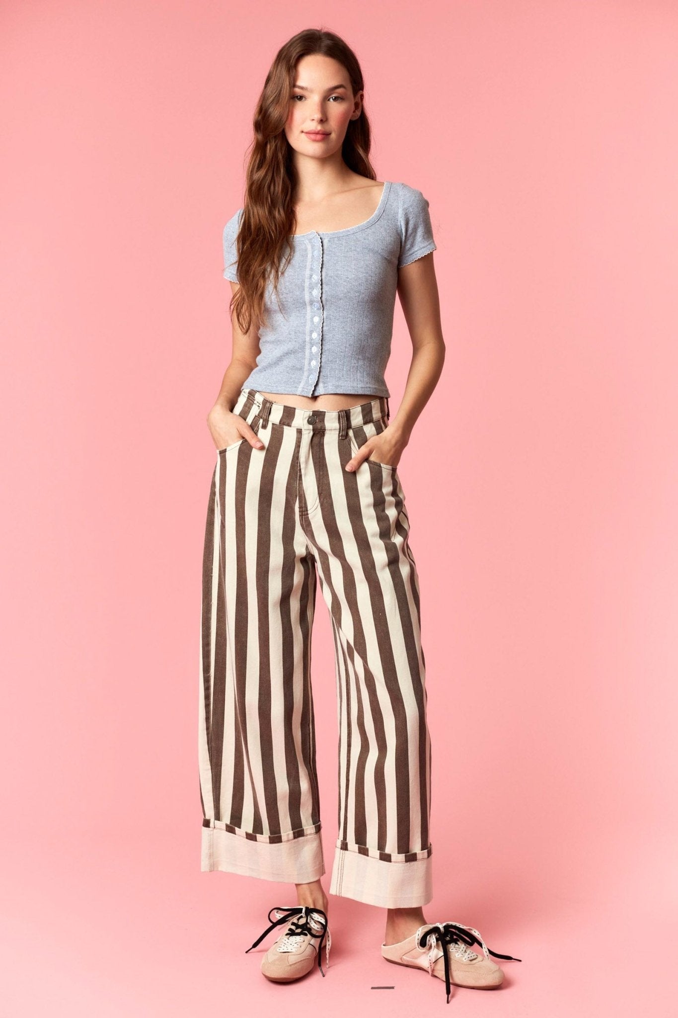 Stripe Rolled Up Barrel Printed Jeans - Backroad Daydream Mercantile
