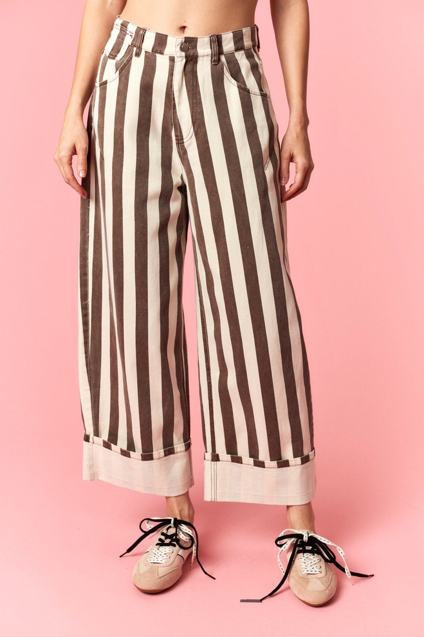 Stripe Rolled Up Barrel Printed Jeans - Backroad Daydream Mercantile