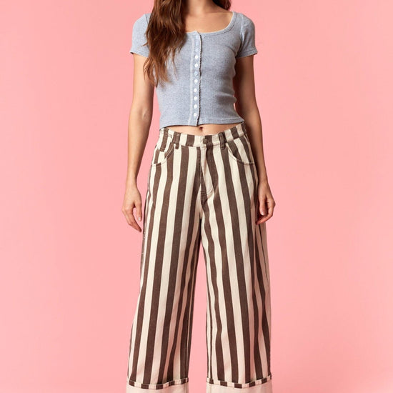 Stripe Rolled Up Barrel Printed Jeans - Backroad Daydream Mercantile