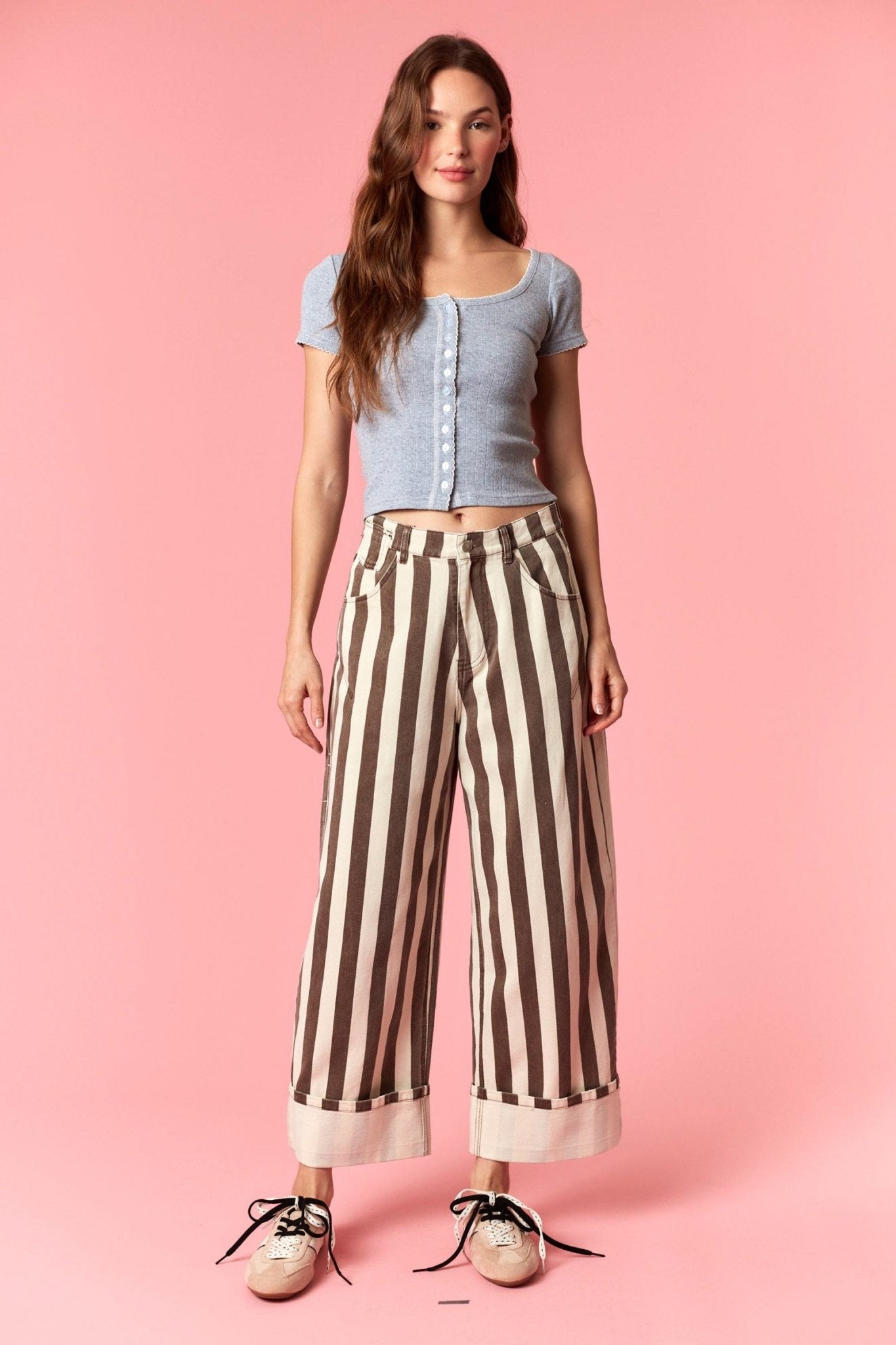 Stripe Rolled Up Barrel Printed Jeans - Backroad Daydream Mercantile