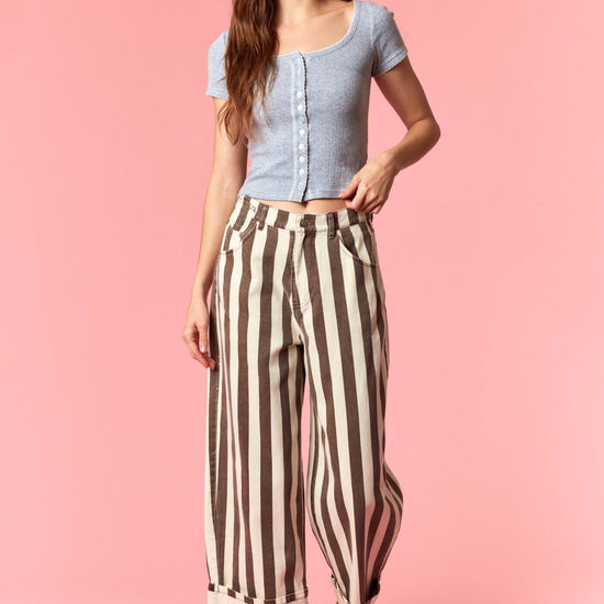 Stripe Rolled Up Barrel Printed Jeans - Backroad Daydream Mercantile