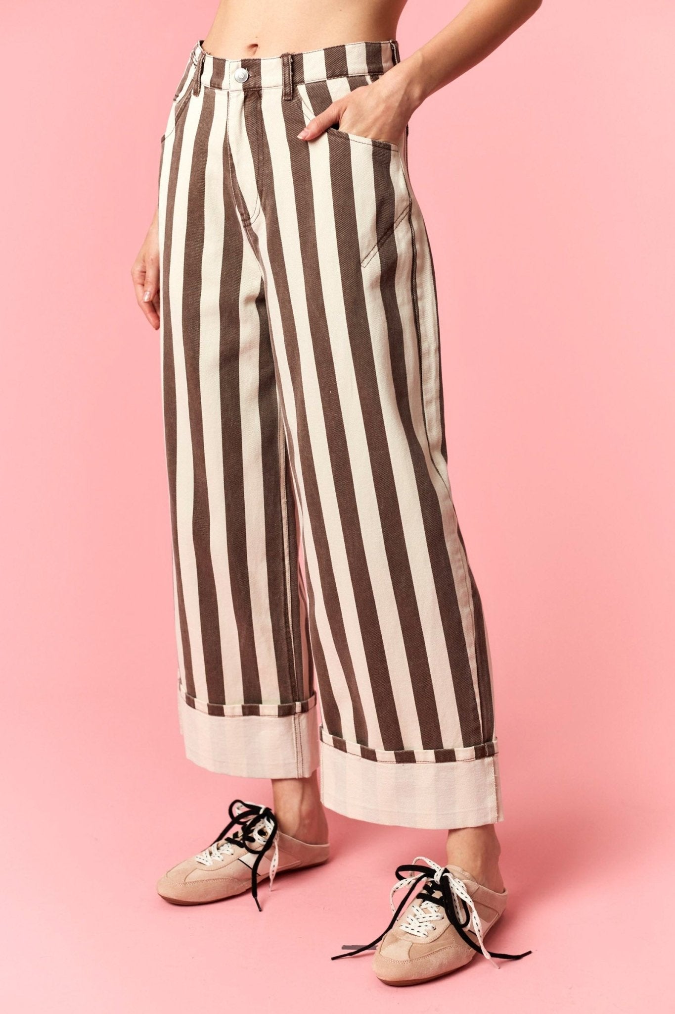 Stripe Rolled Up Barrel Printed Jeans - Backroad Daydream Mercantile
