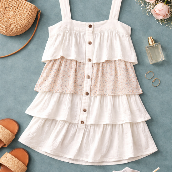 flat lay of white tiered mini dress with floral detail and button front on muted teal background with boutique accessories, lightweight boho summer dress styled for warm weather outfits and everyday wear