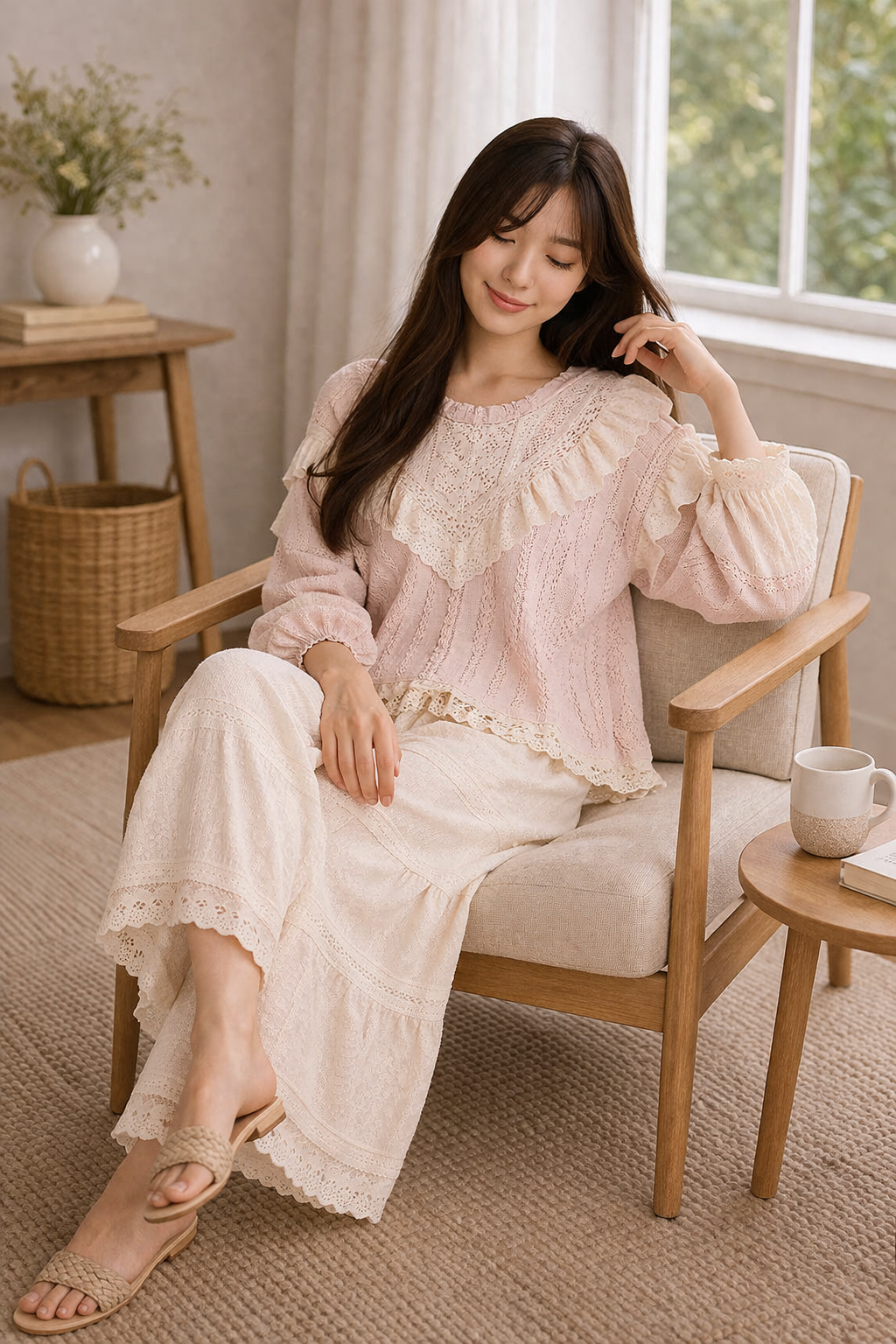 Woman seated in woven chair wearing blush pink boho lace ruffle top and cream wide leg pants, holding a mug in a soft neutral cozy interior