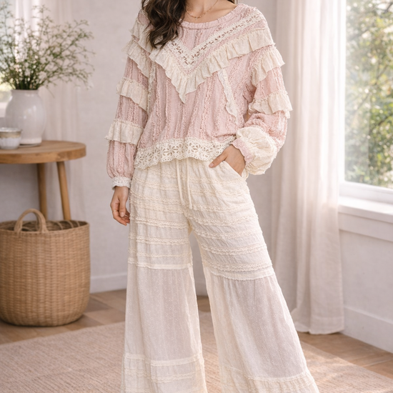 Blush pink lace ruffle boho top styled with cream wide leg lace pants in a soft feminine boutique outfit