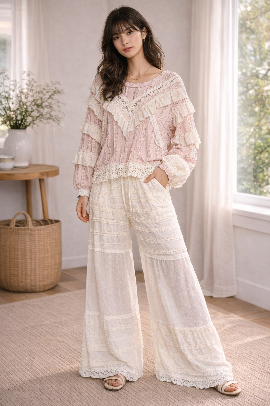 Blush pink lace ruffle boho top styled with cream wide leg lace pants in a soft feminine boutique outfit