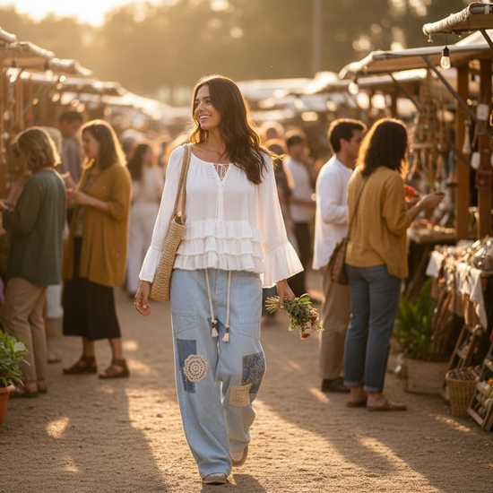 Woman walking in a market wearing the Aria Crinkle Ruffle Top and Sky breeze boho patchwork wide leg pant.