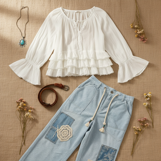 Flat lay on a neutral background of the Aria Crinkle Ruffle Top and the Sky Breeze Boho Patchwork wide leg pants
