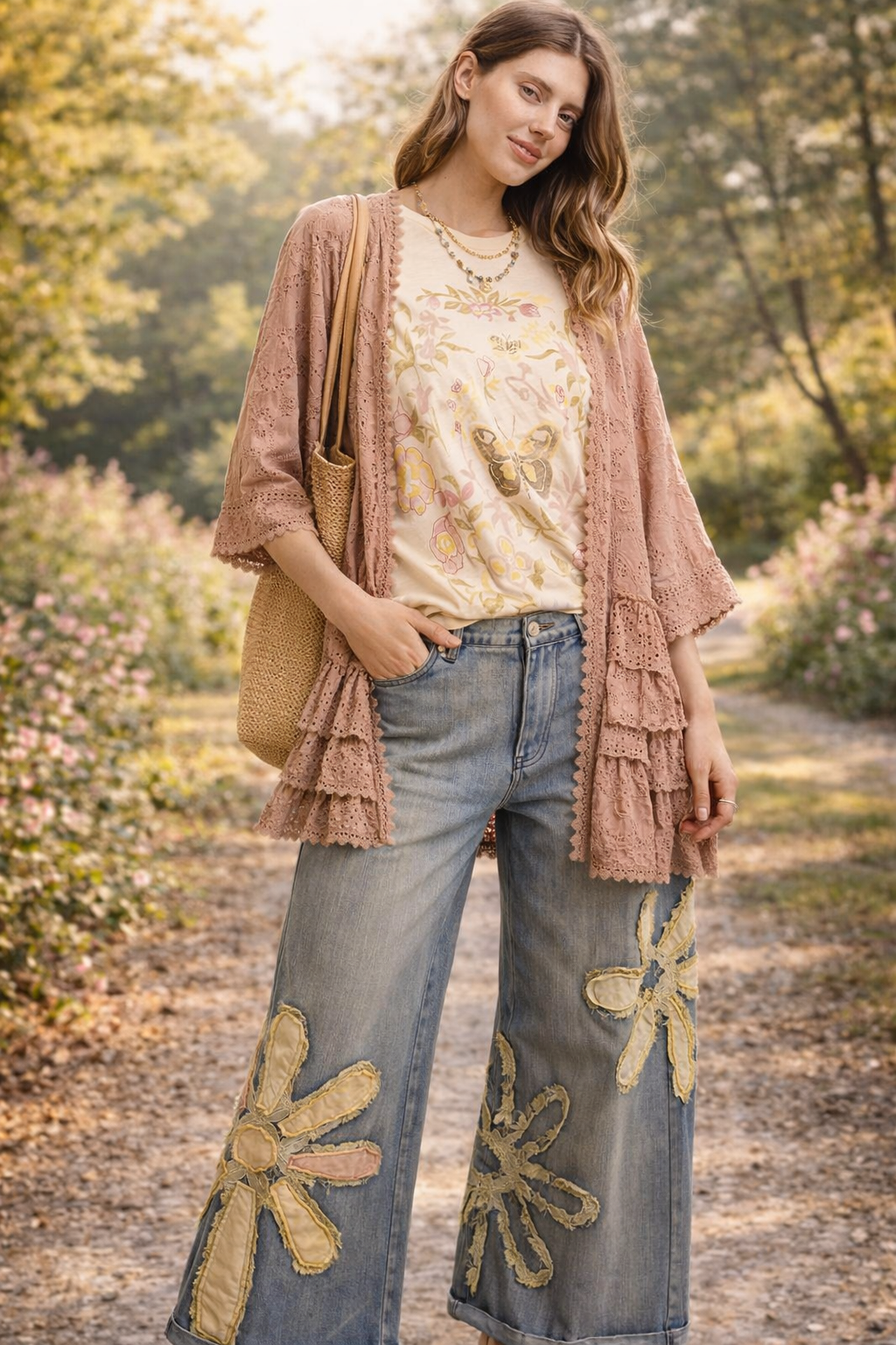 Women's boho boutique outfit featuring butterfly floral graphic tee, pink lace kimono, and floral patch wide-leg jeans