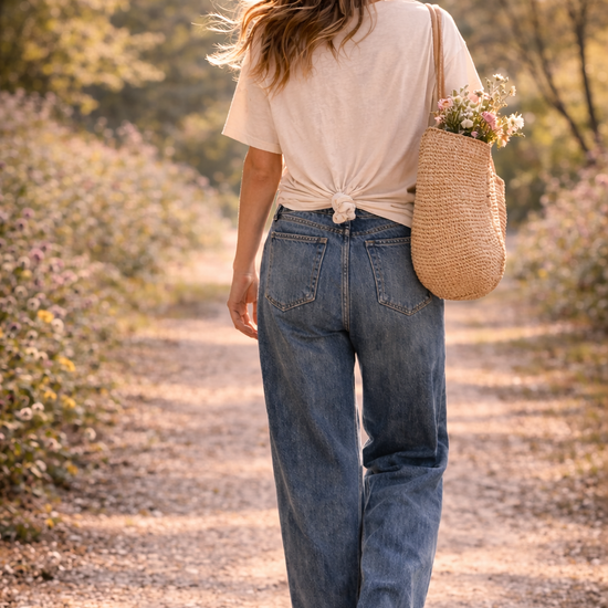 Back view of women's boho butterfly floral graphic tee styled with relaxed denim jeans in a sunlit garden lifestyle outfit