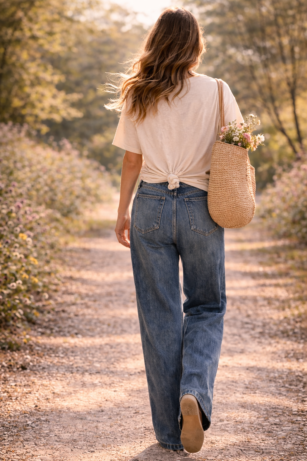 Back view of women's boho butterfly floral graphic tee styled with relaxed denim jeans in a sunlit garden lifestyle outfit