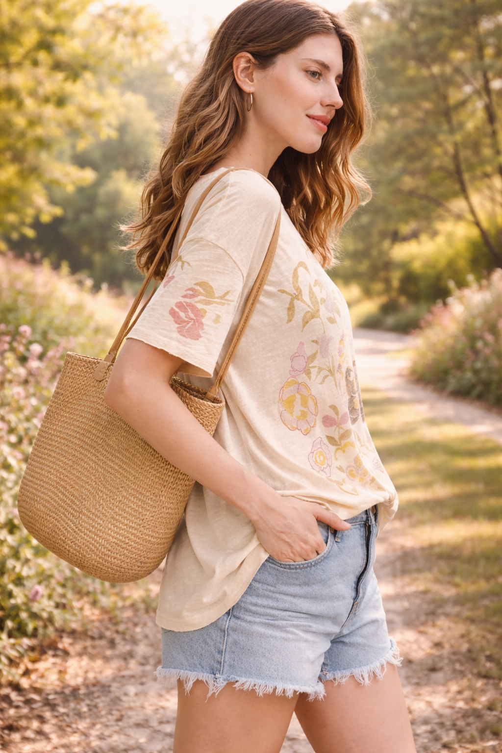 Side view of women's boho butterfly floral graphic tee styled with denim shorts in a relaxed boutique summer outfit