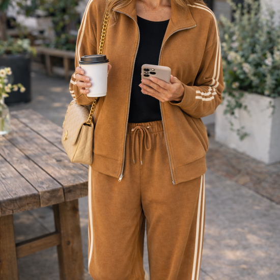Woman wearing caramel stripe athleisure jacket and wide leg lounge pants set checking phone with coffee in relaxed coffee shop lifestyle outfit