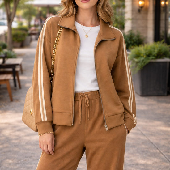 Woman wearing a caramel zip up track jacket with cream stripe sleeves styled with matching caramel wide leg pants and white top in an outdoor setting