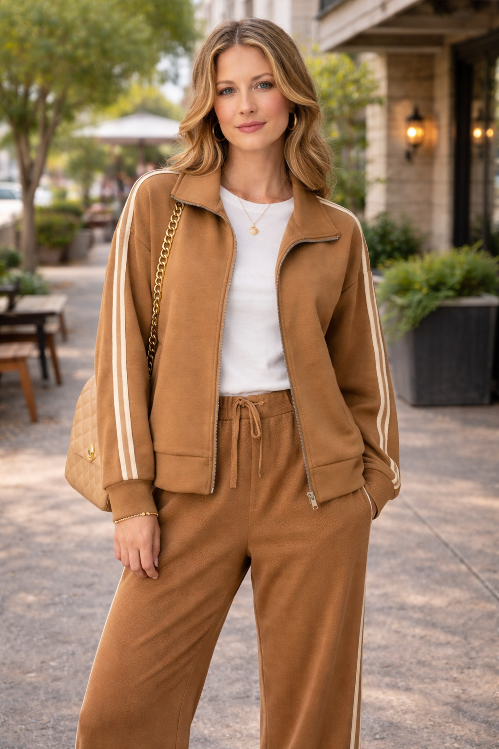 Woman wearing a caramel zip up track jacket with cream stripe sleeves styled with matching caramel wide leg pants and white top in an outdoor setting