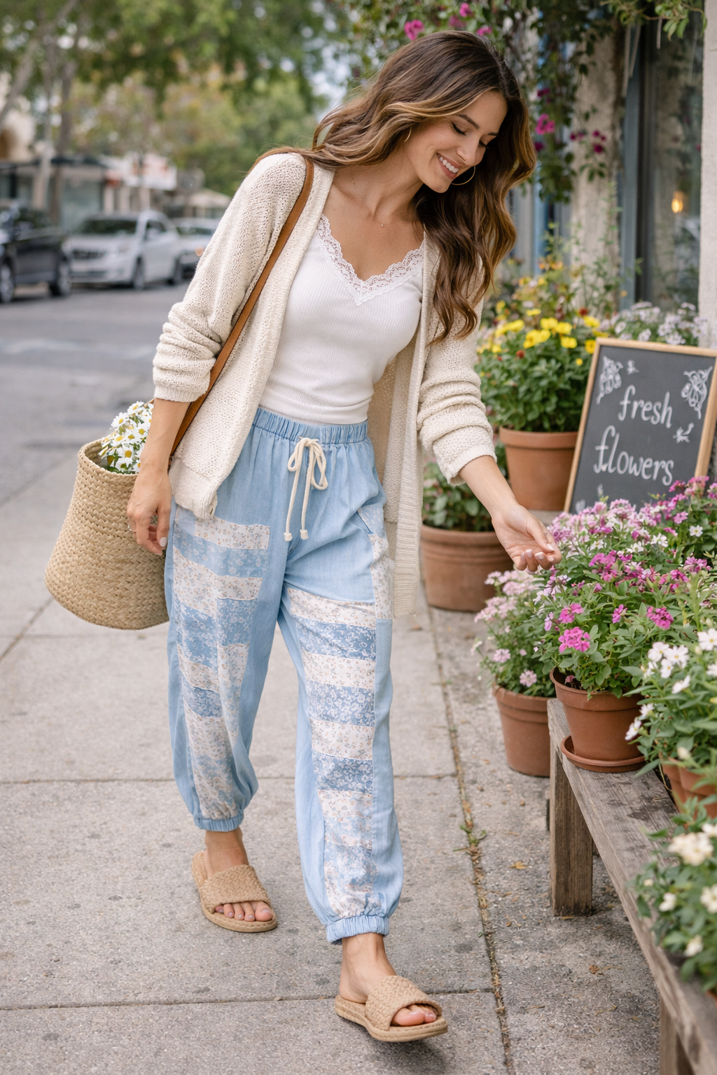 Woman wearing chambray patchwork joggers with lace trim tank and cardigan, walking and picking flowers at outdoor market in relaxed boho style