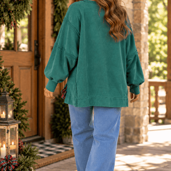 Christmas Patches French Terry Sweatshirt in Vintage Green - Backroad Daydream Mercantile