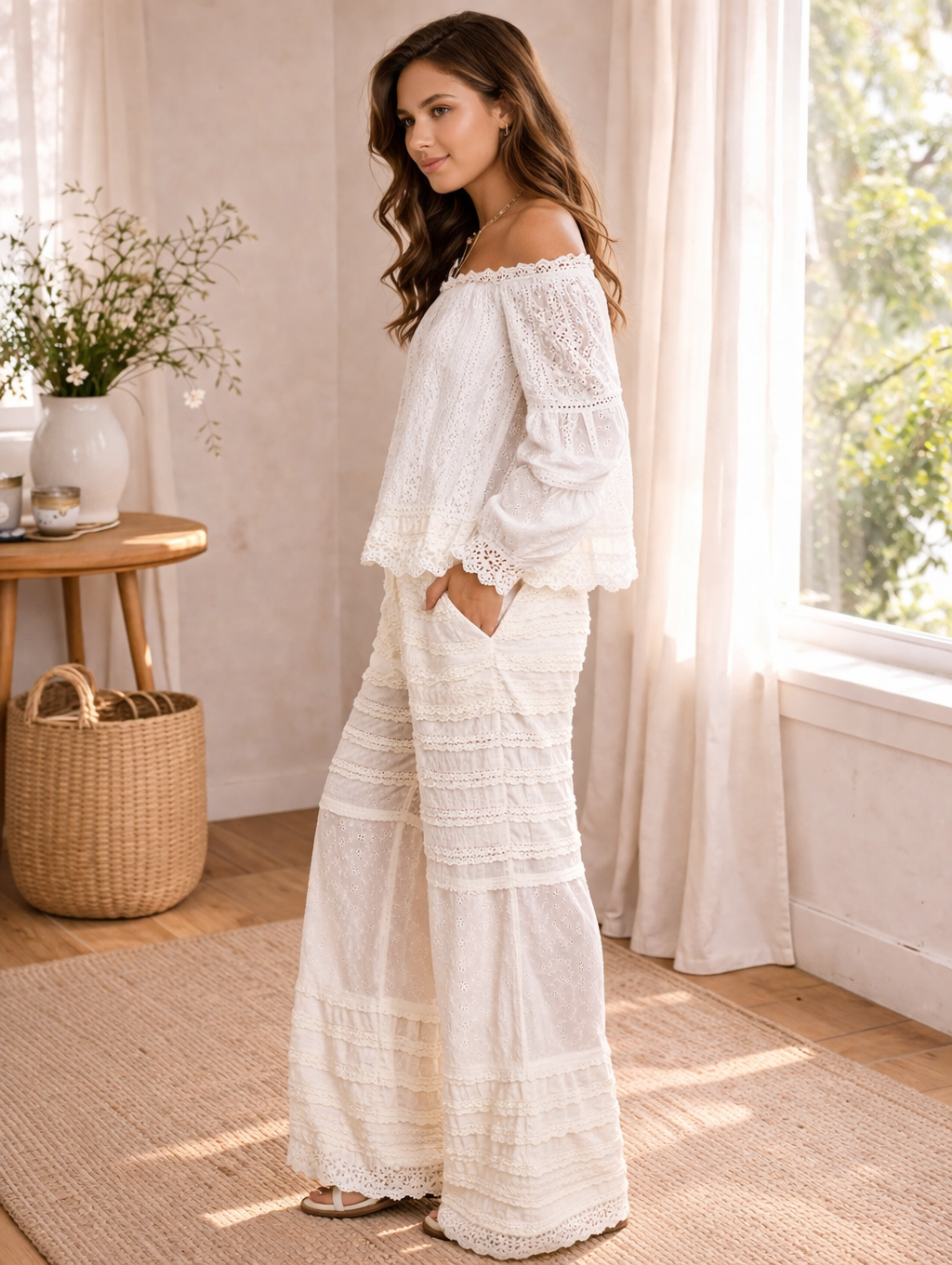 side view of woman wearing cream boho lace wide leg pants with off shoulder blouse in a soft sunlit boutique setting