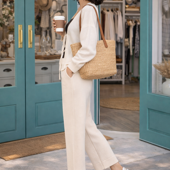 Side view of woman wearing a cream knit cardigan and wide-leg pants set with black lace cami and white sneakers, carrying a woven tote outside a boutique with turquoise doors