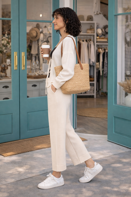 Side view of woman wearing a cream knit cardigan and wide-leg pants set with black lace cami and white sneakers, carrying a woven tote outside a boutique with turquoise doors
