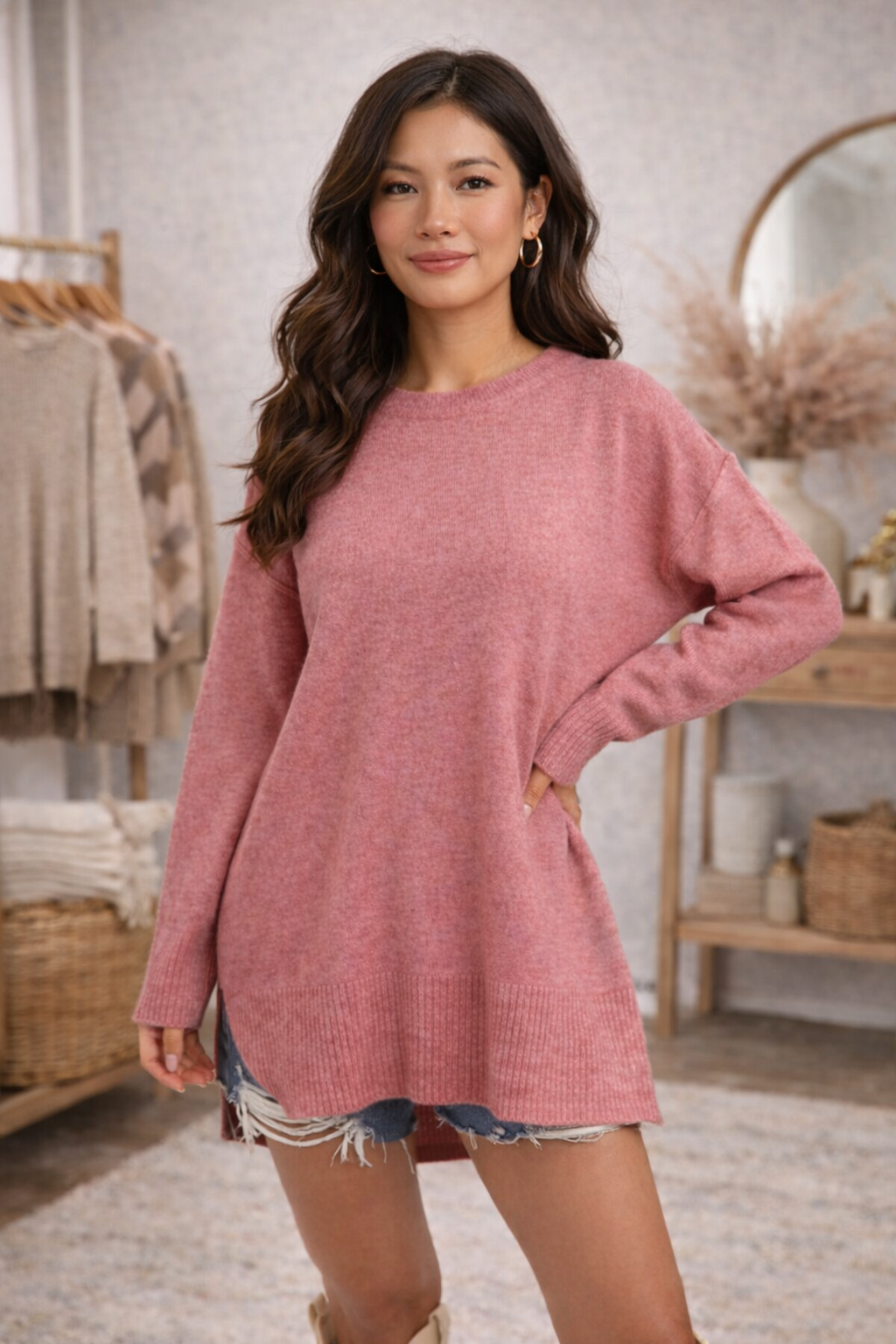 Woman wearing a dusty rose cozy oversized sweater and denim shorts in a  boutique setting.