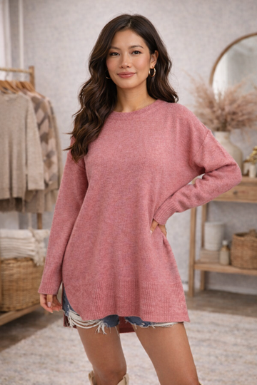 Woman wearing a dusty rose cozy oversized sweater and denim shorts in a  boutique setting.