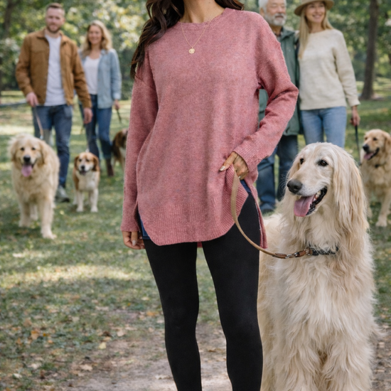 A woman wearing a dusty rose versized fall sweater, black leggings, sneakers, and a ball cap walking a dog in park setting with other people and dogs.