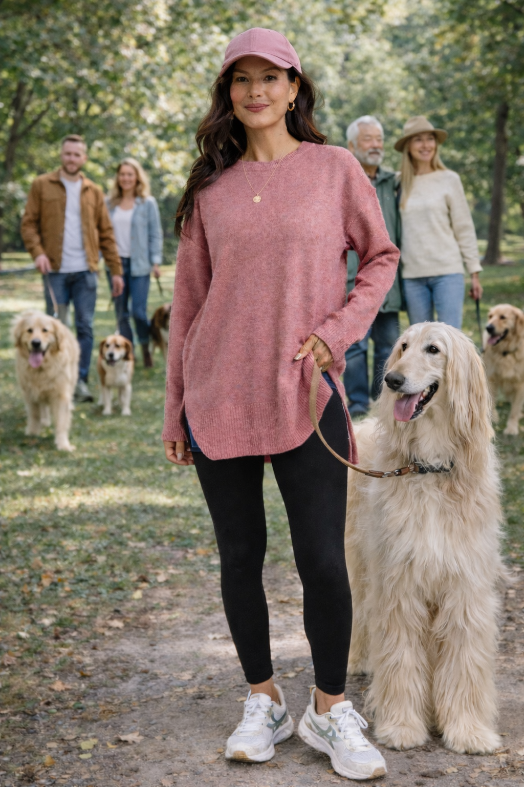 A woman wearing a dusty rose versized fall sweater, black leggings, sneakers, and a ball cap walking a dog in park setting with other people and dogs.