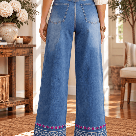 Floral Embroidered Wide Leg Cropped Jeans - Backroad Daydream Mercantile