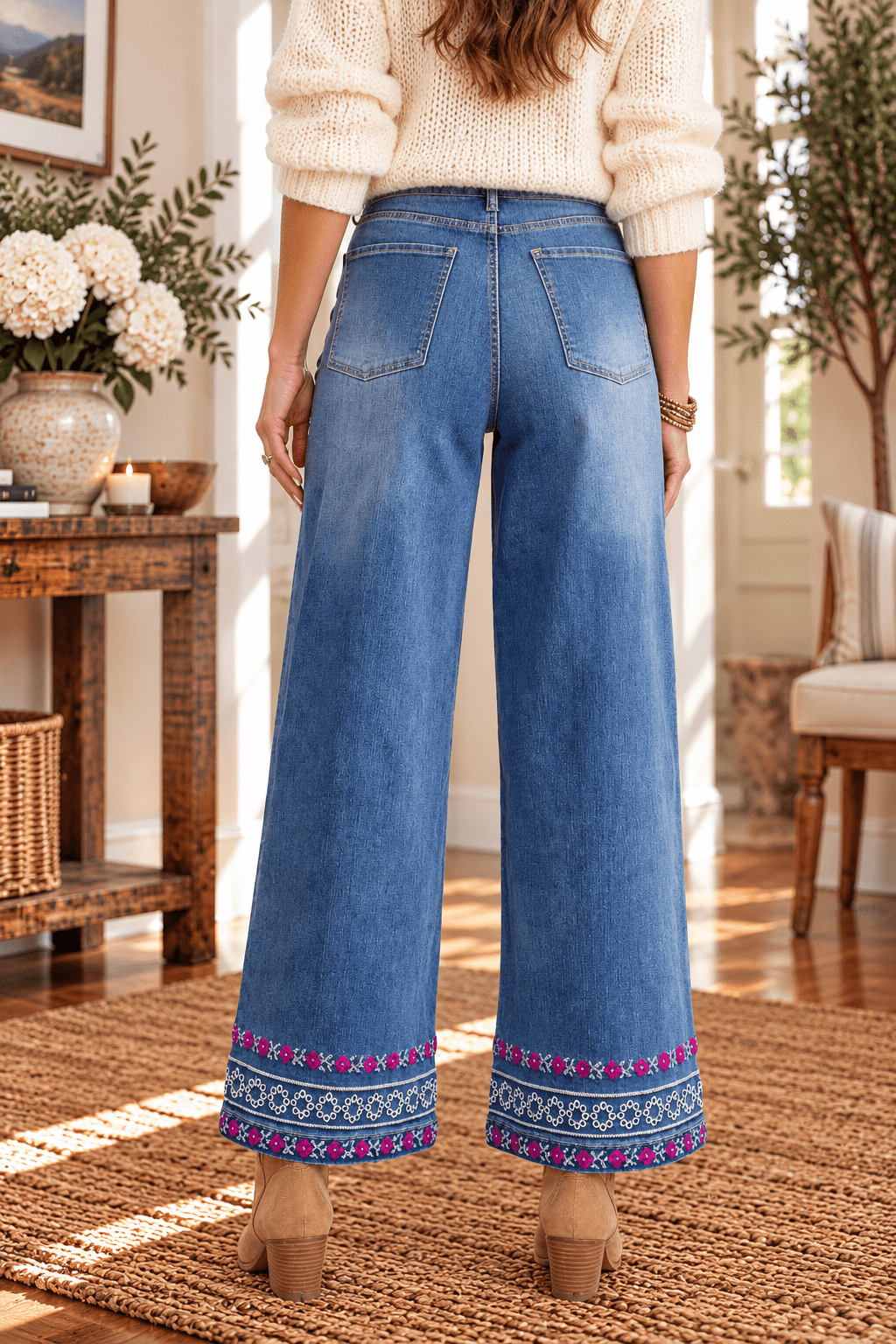 Floral Embroidered Wide Leg Cropped Jeans - Backroad Daydream Mercantile